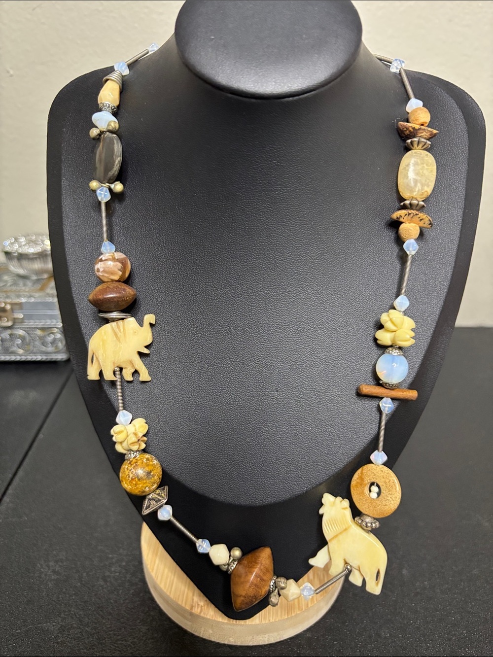 Treska Handcrafted Beige Brown Elephant Animal Safari Moonstone Necklace
